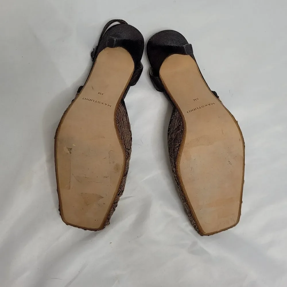 MAX STUDIO heels metallic bronze brown square toe fabric and leather slingback 8